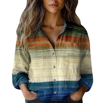 Generic Ladies Plus Size Tops Linen Shirt Women Button Down Printed Bohemian Tops Elegant Loose Long Sleeve Travel Blouse Lightweight Floral Fashion Boho T Sh