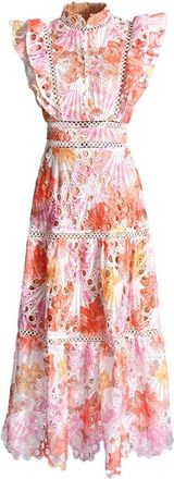 Generic Colorblock Hollow Out Embroidered Dress for Women Stand Collar Flying Sleeve High Waist Midi Dress Print S