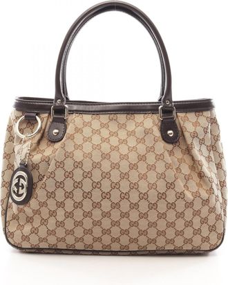 Gucci Beige Brown Canvas Leather Handbag Tote Bag (Pre-Owned)