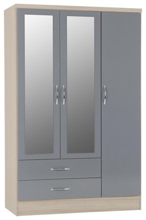 Seconique Nevada 3 Door 2 Drawer Mirrored Wardrobe in Grey