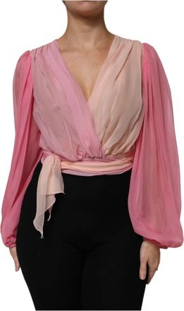 Dolce & Gabbana Roze Zijden V-hals Blouse Top - Dames - Blouses - Roze - XS - Leer - Overhemden