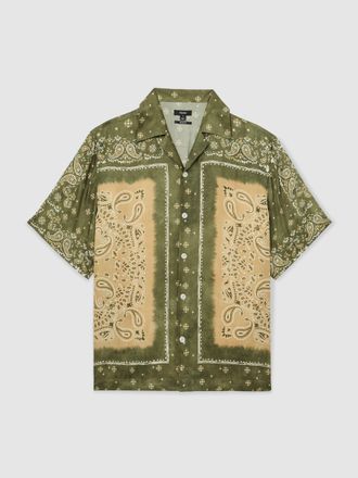 Reiss Sage Green Paisley-print Cuban-collar Shirt, Xxl
