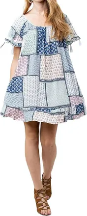 Greek Archaic Kori Folklore Tassel Mini Swing Dress In Sea Blue