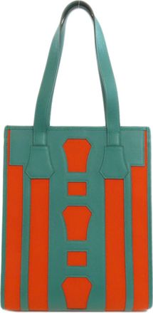 Hermès Green Orange Canvas Leather Tote Bag (Pre-Owned)
