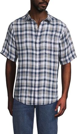Lands End Traditional Fit Short Sleeve Linen Shirt in Light Indigo Blue/tan Plaid at Nordstrom, Size Medium