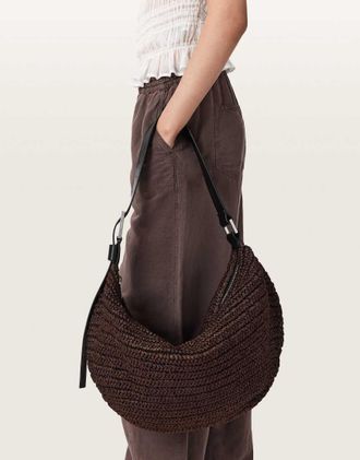 AllSaints Luna - Borsa da spalla in rafia intrecciata marrone