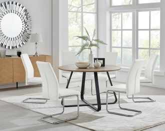 Furniturebox Santorini Brown Wood Effect Dining Table & 6 Black Lorenzo Chairs in Off-White