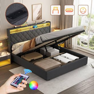 Matteo King Size Grey Linen Ottoman Bed - Button Tufted, LED & USB Charging