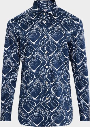 Kiton Mens Cotton Wave-Print Sport Shirt