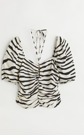 H&M Cropped Bluse - Cremefarben/Zebramuster
