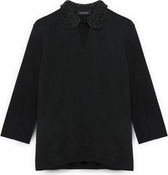 Fiorella Rubino T-shirt van twee materialen met verfijnde kraag - Dames - Blouses - Zwart - S - Polyester - Overhemden