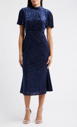 Julia Jordan Velvet Burnout Short Sleeve Midi Dress in Navy at Nordstrom, Size 14