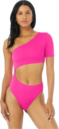 Alo Yoga Body Wave Cutout One Shoulder One Piece Bodysuit in Neon Pink Women