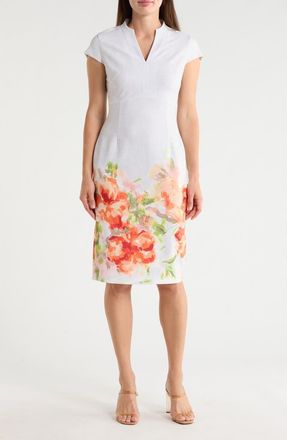 Calvin Klein Placed Floral Print Cap Sleeve Sheath Dress in Starburst Multi at Nordstrom Rack, Size 10