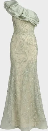 Mac Duggal Embroidered-Lace Ruffled Mermaid Gown