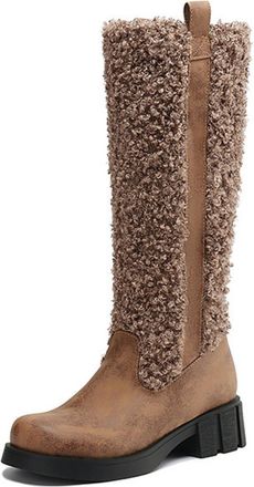 Generic Womens Pull on Knee High Boots Round Toe PU Leather Long Boots Chunky Heel Platform Winter Boot,Brown2,5.5 UK