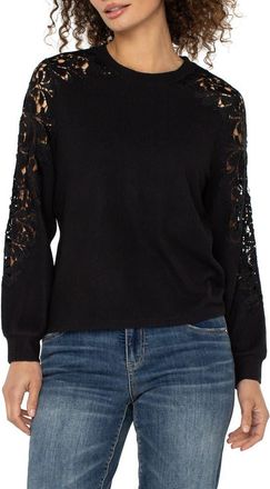 Liverpool L.A. Lace Inset Crewneck Knit Top in Black at Nordstrom, Size X-Large