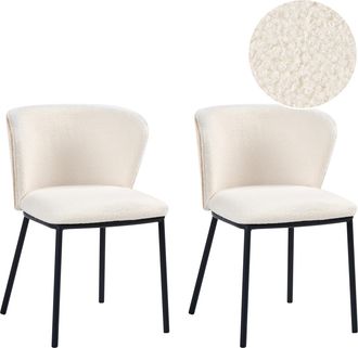 Beliani Conjunto De 2 Sillas De Comedor De Boucl&eacute; Con Patas De Hierro Negras Sin Reposabrazos Tapones Para Las Patas Dise&ntilde;o Minimalista Moderno Blanco Crema H