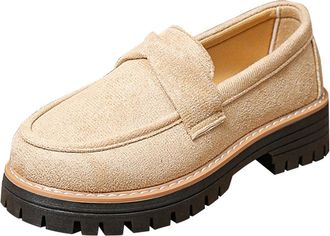 Generic Loafers for Women Elegant Chunky Heeled Shoes Solid Color Round Toe Smart Breathable Comfortable Slip On Walking Shoes Casual Outdoor Beige