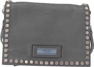 Prada Etiquette Flap Studded Glace Calfskin Gray Leather Handbag (Pre-Owned)