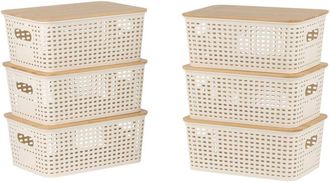 Relaxdays Relaxdays storage boxes, set of 6, plastic with bamboo lid & handles, HxWxD: 10.5x25.5x18 cm, organiser, white