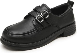 Generic Womens Platform Loafers Comfort Round Toe Chunky Heel Non-Slip Casual Business Oxford Shoes with Belt Buckle (Black,5.5)