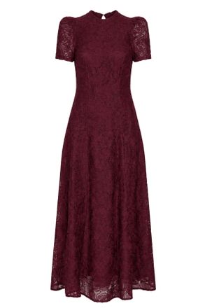 Rotate Burgundy Textured Floral Applique Mesh Flared Maxi Dress