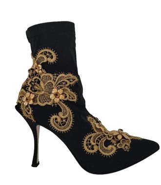 Dolce & Gabbana Black Gold Embroidery Crystal Boots Womens Shoes