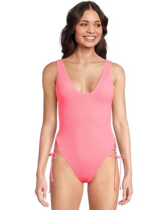 BECCA by Rebecca Virtue Modern Edge Rib Sophie Swimsuit Womens Coral Reef Tie Side DDR2807