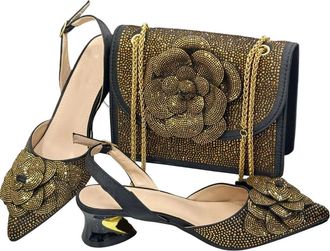 Generic Women Elegant Rhinestone Flower Low Heel Italian Design Shoes and Matching Bag Set Office Party Suit Black
