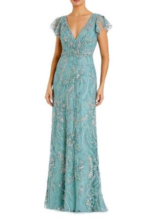Mac Duggal Petite V Neck Flutter Sleeve Floral Embroidered Gown in Seafoam at Nordstrom, Size 14