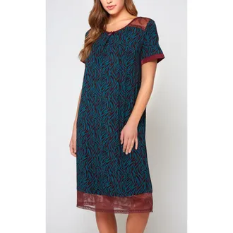 iCollection Zebra Print Lace-Trim Sleep Shirt in Teal-Burgundy at Nordstrom, Size X-Large