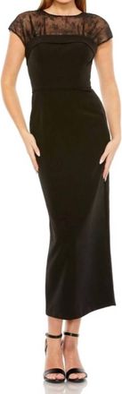 Mac Duggal Sheer Lace Illusion Crepe Midi Dress In Black
