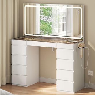 Woltu Woltu Tocador Con Luz Led, 3 Colores, Brillo Ajustable, Espejo Hd Grande, 11 Cajones Y Joyero, 1 Toma De Corriente, 1 Puertos Usb, 1 Puertos Type-c Y 