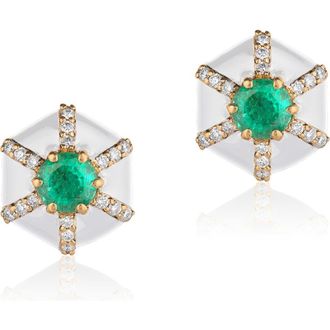 Goshwara Queen Hexagon Emerald & Diamond Stud Earrings in Green /White at Nordstrom