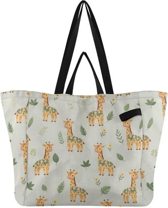 Generic Giraffe Green Leaves pattern Reusable Canvas Tote Bag, Heavy Duty Grocery Shopping Bag with Large Capacity Hard Bottom Double Handles Work Groceries T