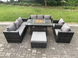 Fimous Rattan Garden Furniture Set Gas Fire Pit Lounge Sofa Chair Dining Set with Arm Chair Stools in Dark Grey
