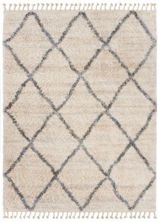 Tapiso Alfombra shaggy crema gris geom&eacute;trica borlas 140 x 200 cm