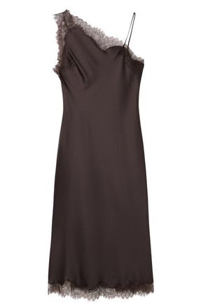 Mango Lace Trim One-Shoulder Satin Slipdress in Chocolate at Nordstrom, Size 10