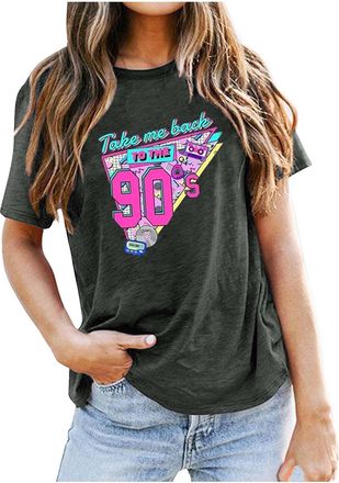 Generic 80s Tshirt Womens 90s Fancy Dress Costumes Outfits Tops Take Me Back to The 90s Letter Print Funny T-Shirts for Women UK 1980s Vintage Theme Party Gif