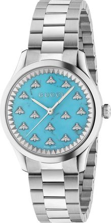 Gucci 32 mm stalen kast- aquamarijn stenen wijzerplaat met bijen- stalen armband - Dames - Horloges - Grijs - ONE Size - Accessoires