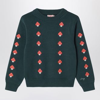 Tiny Cottons Maglione verde scuro in cotone con funghetti ricamati