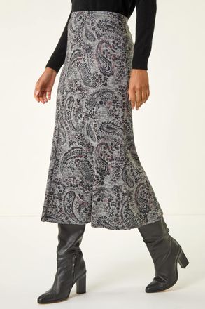 Roman Paisley Print Stretch Midi Skirt