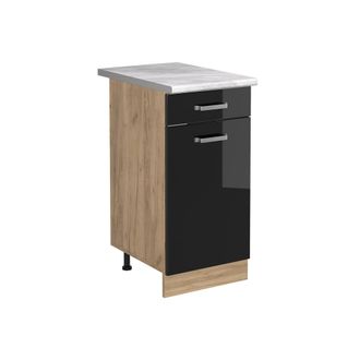 Vicco Mueble Bajo De Cocina R-line, Negro Brillo Intenso/roble Dorado, 40 Cm Encimera M&aacute;rmol, Vicco