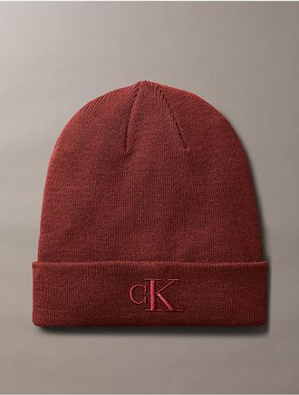 Calvin Klein Mens Monogram Logo Beanie - Red