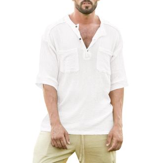 Generic Henley Shirts for Men Cotton Linen Double Pockets T-Shirts Button Down Half Sleeve Shirt Solid Color Blouse Tops Tees Camisa Playera para Hombre(White