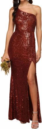 EVA Samara One Shoulder Sequin Prom Evening Slit Dress In Rust