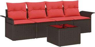 vidaXL Conjunto De Sof&aacute; De Jard&iacute;n 5 Uds. Beige Y Rojo Rat&aacute;n Sint&eacute;tico Vidaxl