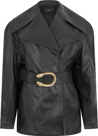 Gucci Jassen, Dames, Zwart, S, Leer, Leren Jas met Knoopdetail
