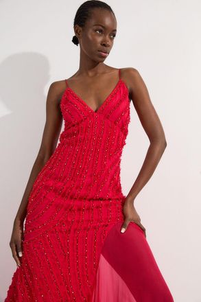 Karen Millen Womens Embellished Ruffle Strappy Woven Maxi Dress - Fuchsia - Size 12 UK